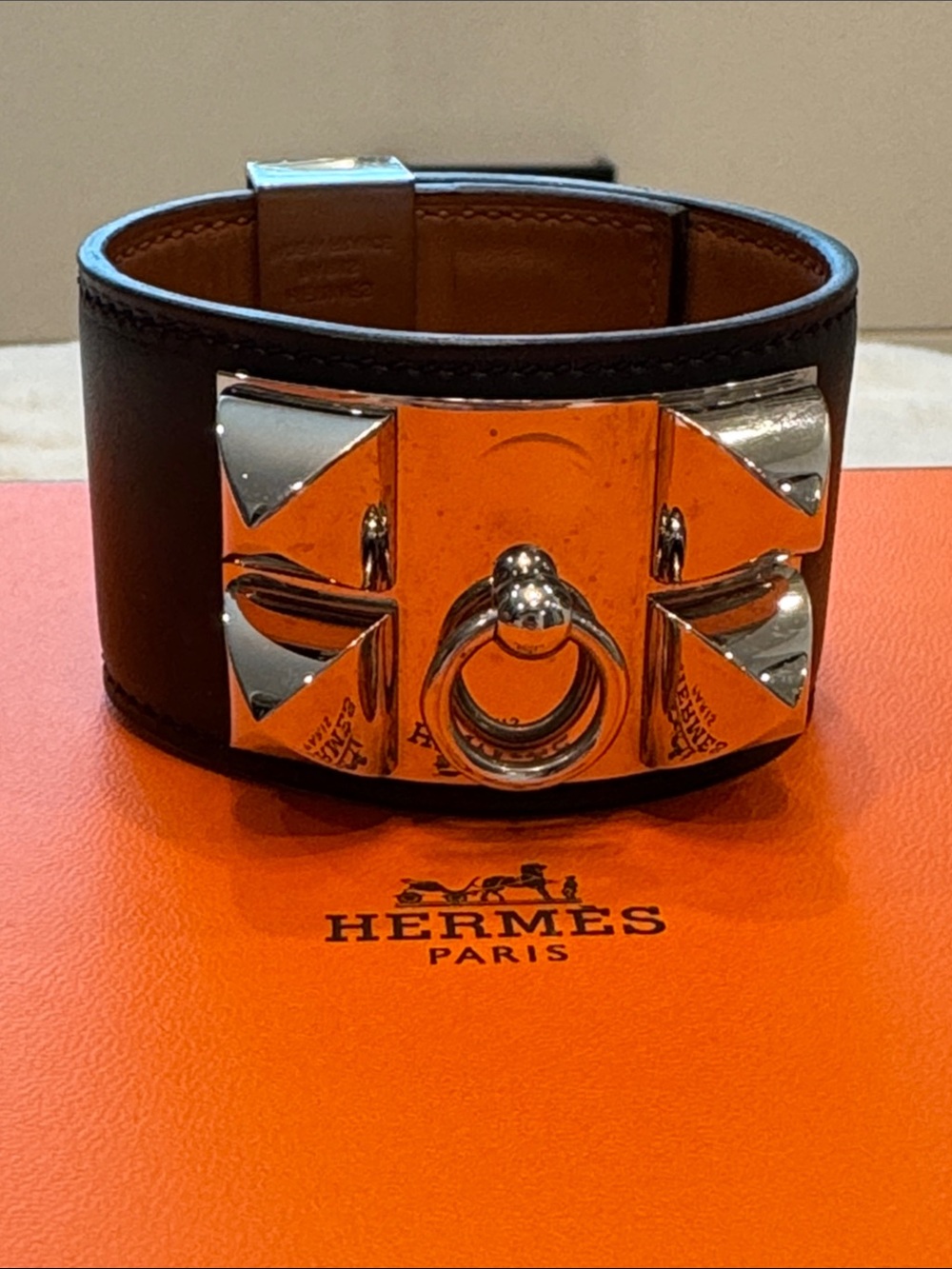 Hermes Black Leather Collier de Chien Bracelet with Silver Hardware